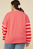 HY8714W Pink Plus Mixed Stripe V Neck Knit Long Sleeve Top Full Body