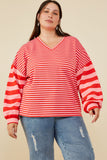 HY8714W Pink Plus Mixed Stripe V Neck Knit Long Sleeve Top Side