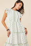 HY8717 Green Womens Botanical Embroidered Tiered Midi Dress Gif