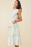 HY8717 Green Womens Botanical Embroidered Tiered Midi Dress Front