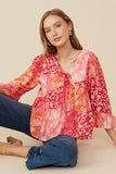 HY8719 Pink Mix Womens Print Blocked Cinch Sleeve Baby Doll Top Pose