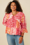 Print Blocked Cinch Sleeve Baby Doll Top