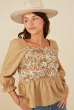 HY8721W Taupe Plus Floral Embroidered Mix Media Peplum Top Front