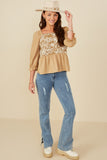 HY8721 Taupe Womens Floral Embroidered Mix Media Peplum Top Gif