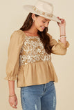 HY8721 Taupe Womens Floral Embroidered Mix Media Peplum Top Full Body