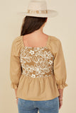 HY8721 Taupe Womens Floral Embroidered Mix Media Peplum Top Side