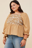 HY8721W Taupe Plus Floral Embroidered Mix Media Peplum Top Gif