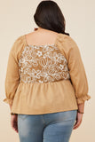 HY8721W Taupe Plus Floral Embroidered Mix Media Peplum Top Full Body