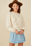 HY8724 Oatmeal Womens Floral Embroidered Textured Puff Sleeve Top Front