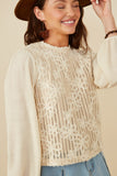 HY8724 Oatmeal Womens Floral Embroidered Textured Puff Sleeve Top Full Body