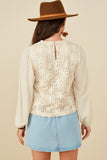 HY8724 Oatmeal Womens Floral Embroidered Textured Puff Sleeve Top Detail