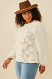 HY8724W Oatmeal Plus Floral Embroidered Textured Puff Sleeve Top Gif