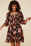 HY8725 Black Womens Floral Print Smocked Square Neck Dress Back