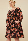 HY8725W Black Plus Floral Print Smocked Square Neck Dress Gif