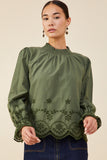 HY8733W Olive Plus Scallop Hem Eyelet Embroidered Top Front