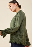 HY8733 Olive Womens Scallop Hem Eyelet Embroidered Top Full Body