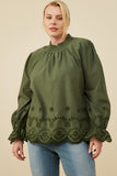 HY8733 Olive Womens Scallop Hem Eyelet Embroidered Top Front