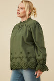 HY8733W Olive Plus Scallop Hem Eyelet Embroidered Top Gif