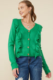 HY8758W Green Plus Ruffle Detail Buttoned Sweater Cardigan Front