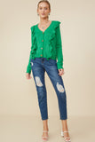 HY8758 Green Womens Ruffle Detail Buttoned Sweater Cardigan Gif