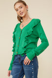 HY8758 Green Womens Ruffle Detail Buttoned Sweater Cardigan Full Body