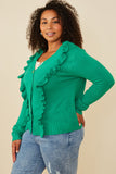 HY8758W Green Plus Ruffle Detail Buttoned Sweater Cardigan Gif