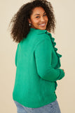 HY8758W Green Plus Ruffle Detail Buttoned Sweater Cardigan Full Body