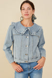 HY8759W Light Denim Plus Exaggerated Ruffle Collar Denim Jacket Front