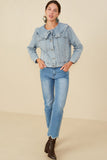 HY8759 Light Denim Womens Exaggerated Ruffle Collar Denim Jacket Gif