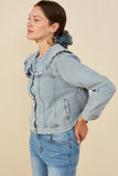 HY8759 Light Denim Womens Exaggerated Ruffle Collar Denim Jacket Full Body