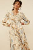 HY8762 Taupe Womens Oil Print Long Sleeve Gathered Bust Dress Gif