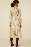 HY8762 Taupe Womens Oil Print Long Sleeve Gathered Bust Dress Side