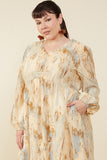 HY8762 Taupe Womens Oil Print Long Sleeve Gathered Bust Dress Full Body