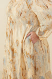 HY8762W Taupe Plus Oil Print Long Sleeve Gathered Bust Dress Gif