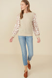 HY8765 Taupe Womens Mix Media Textured Floral Sleeve Top Gif