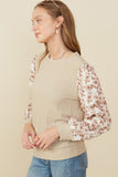 HY8765 Taupe Womens Mix Media Textured Floral Sleeve Top Full Body