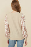 HY8765 Taupe Womens Mix Media Textured Floral Sleeve Top Side