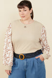 HY8765W Taupe Plus Mix Media Textured Floral Sleeve Top Front