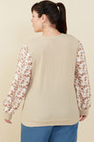 HY8765W Taupe Plus Mix Media Textured Floral Sleeve Top Full Body