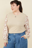 HY8765W Taupe Plus Mix Media Textured Floral Sleeve Top Side