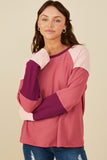 Womens Color Block Ribbed Knit Long Sleeve Top