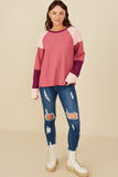 HY8769 Pink Mix Womens Color Block Ribbed Knit Long Sleeve Top Gif