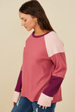 HY8769 Pink Mix Womens Color Block Ribbed Knit Long Sleeve Top Full Body