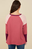 HY8769 Pink Mix Womens Color Block Ribbed Knit Long Sleeve Top Side