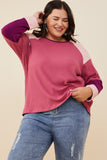 HY8769W Pink Mix Plus Color Block Ribbed Knit Long Sleeve Top Front