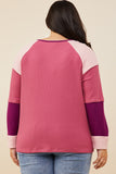 HY8769W Pink Mix Plus Color Block Ribbed Knit Long Sleeve Top Full Body