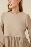 HY8777 Taupe Womens Mix Media Ribbed Knit Twofer Top Full Body