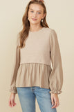 HY8777 Taupe Womens Mix Media Ribbed Knit Twofer Top Back