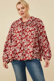 HY8783 Burgundy Womens Floral Print Smocked Detail Tie Front Collared Shirt Pose