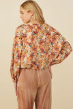 HY8800 Taupe Womens Floral Fruit Print Buttoned Bubble Hem Top Full Body